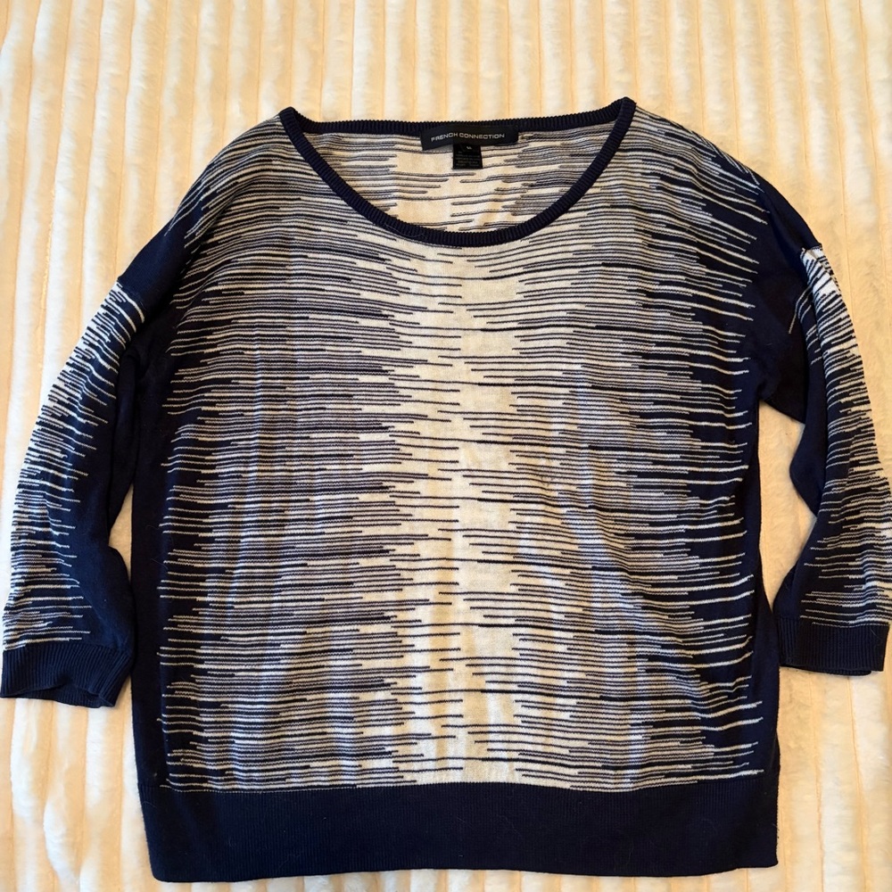 French Connection Navy and Cream Striped Knit Top